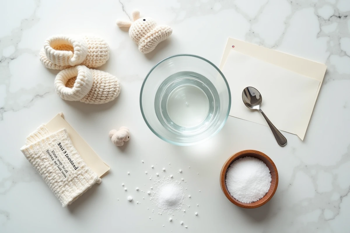 Mise en scène du test du sel pour déterminer le sexe du bébé avec verre d'eau et sel sur marbre blanc
