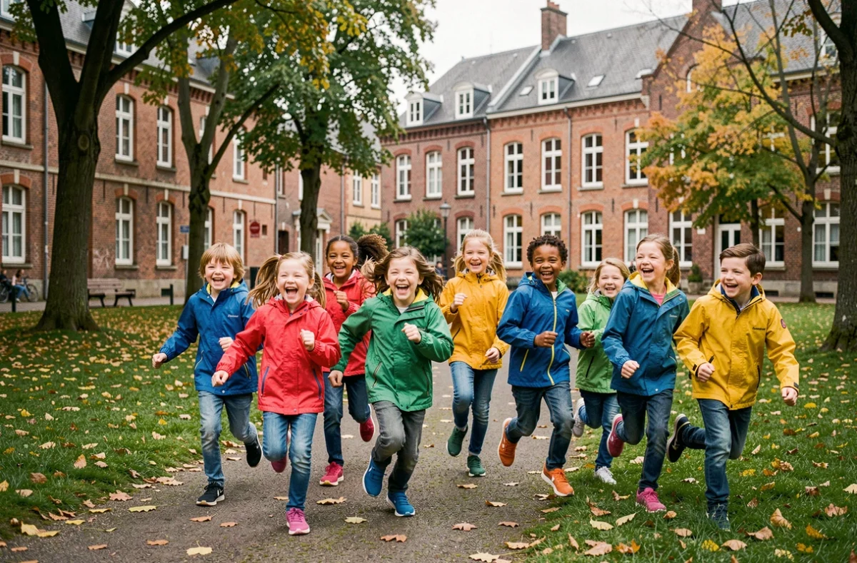 Groupe d'enfants joyeux courant dans un parc du Nord de la France, illustrant les meilleures activités pour enfants dans la région