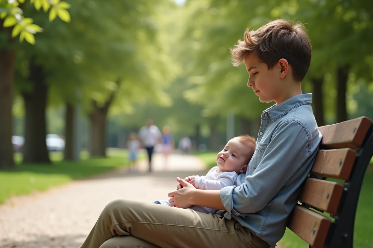 Adolescent assis sur un banc de parc avec un bébé dans les bras