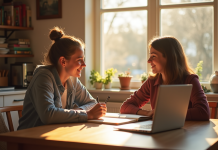 Adolescent de 14 ans discutant avec un parent à la cuisine