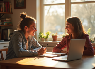 Adolescent de 14 ans discutant avec un parent à la cuisine