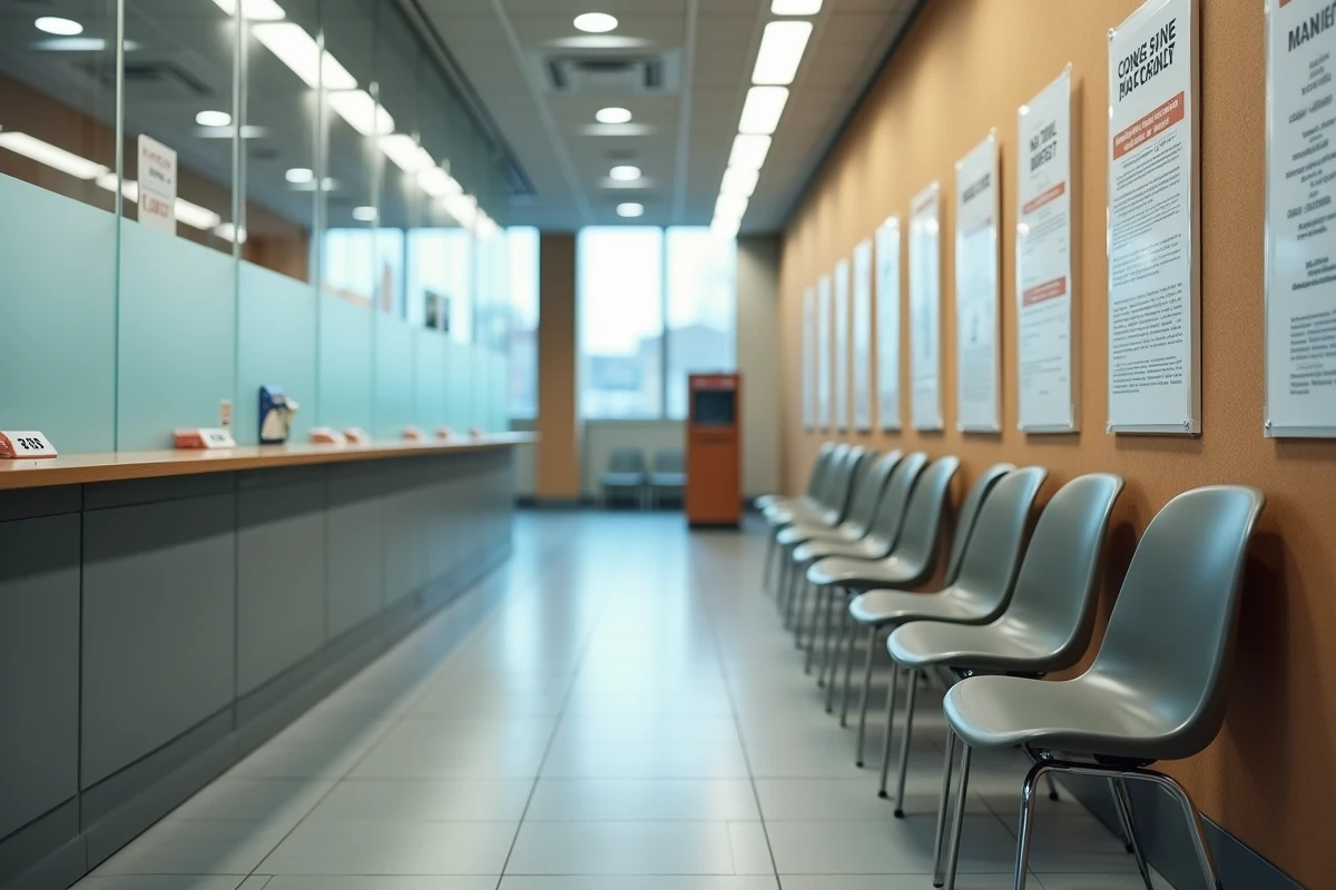 Salle d'attente vide d'une agence CAF française avec guichets et affiches d'information sur les prestations sociales, évoquant le cadre institutionnel des signalements et fraudes aux allocations