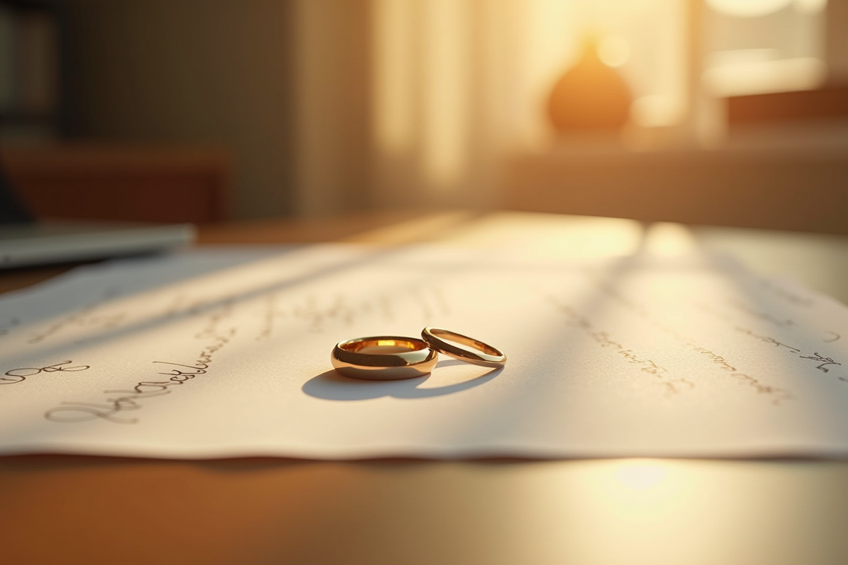 Alliance sur une table en bois avec lettre manuscrite