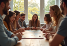 Groupe d'amis jouant à un jeu de société dans un salon lumineux