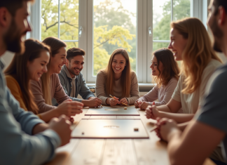 Groupe d'amis jouant à un jeu de société dans un salon lumineux