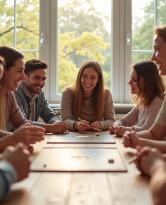 Groupe d'amis jouant à un jeu de société dans un salon lumineux
