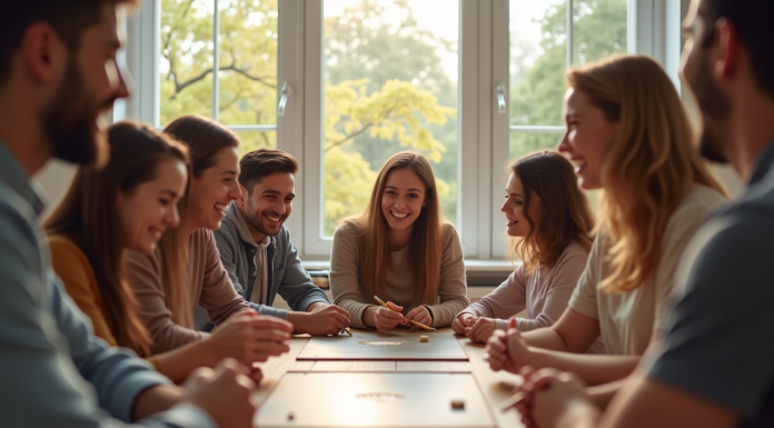 Groupe d'amis jouant à un jeu de société dans un salon lumineux