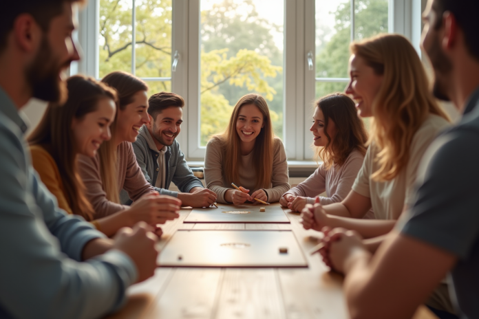 amis-jeux-de-societe Groupe d'amis jouant à un jeu de société dans un salon lumineux