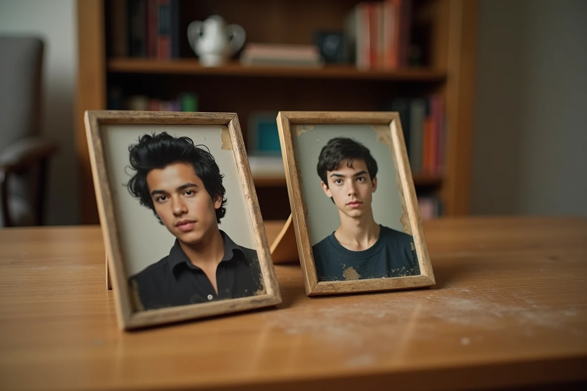 Deux anciennes photographies posées sur une table en bois, évoquant une ressemblance familiale entre un chanteur et un jeune homme, thème des rumeurs sur Mike Brant et son fils