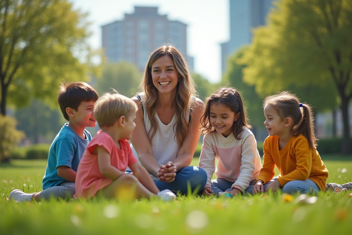 Travailleur social jouant avec enfants dans un parc urbain ensoleille