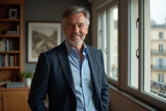 Portrait éditorial d'un animateur télévisé élégant dans un appartement parisien moderne, style journalistique authentique