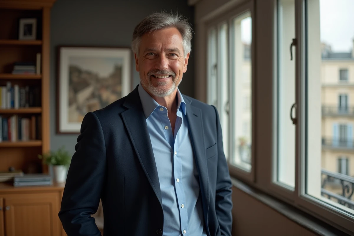 Portrait éditorial d'un animateur télévisé élégant dans un appartement parisien moderne, style journalistique authentique