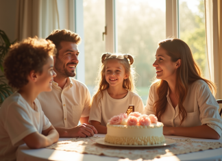 Famille heureuse autour d'un gâteau pour leur anniversaire