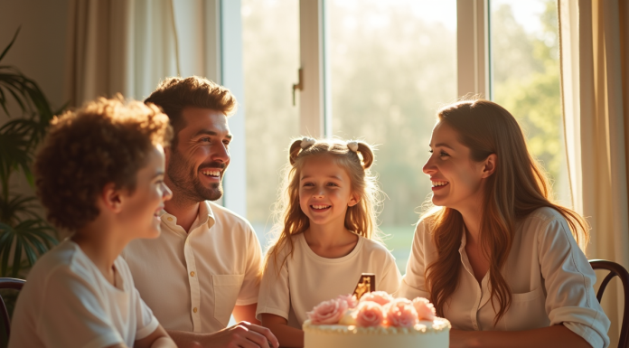 Famille heureuse autour d'un gâteau pour leur anniversaire