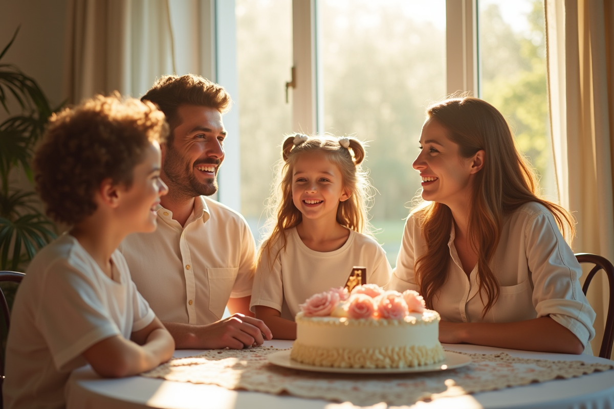 Famille heureuse autour d'un gâteau pour leur anniversaire
