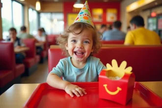 Tout-petit souriant avec chapeau d'anniversaire devant un Happy Meal McDonald's