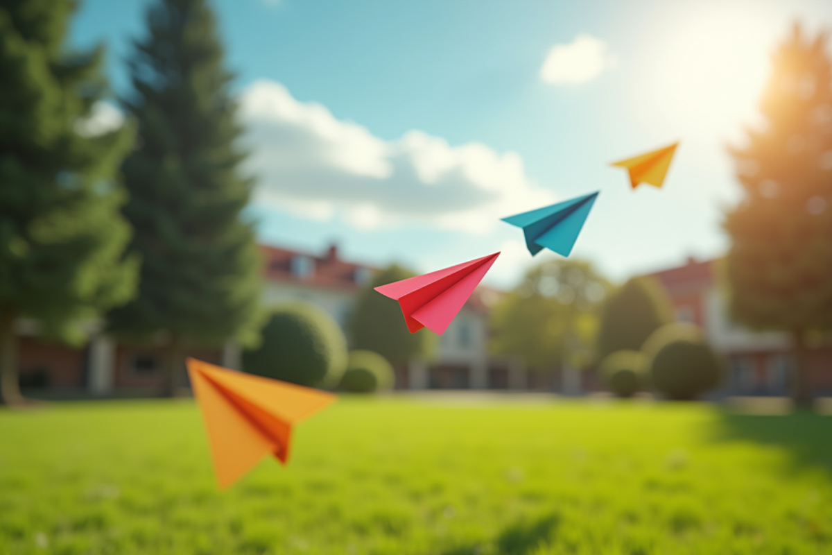 Avions en papier colorés volant au-dessus de la pelouse verte