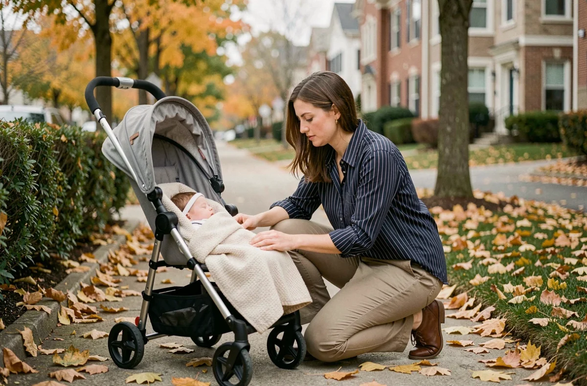 Baby-sitter en promenade avec un nourrisson endormi dans une poussette sur un trottoir résidentiel aux couleurs d'automne