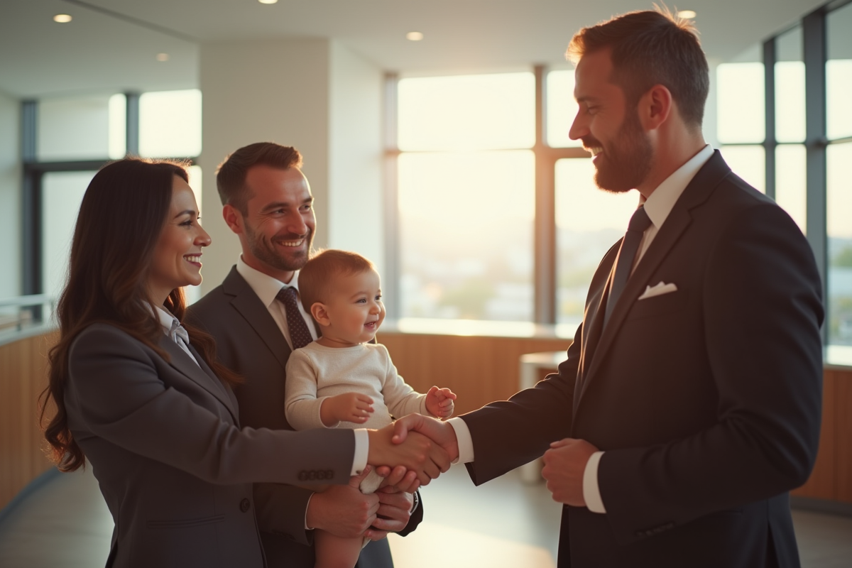 Baptême civil dans une mairie moderne avec famille souriante