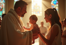 Cérémonie de baptême religieux dans une église lumineuse