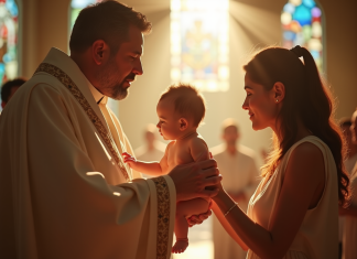 Cérémonie de baptême religieux dans une église lumineuse