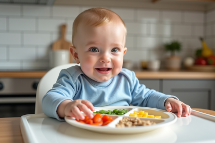 Bébé de 9 mois dans une chaise haute mangeant des légumes