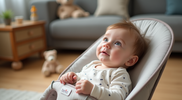 Bébé fille de six mois dans un transat moderne en tissu
