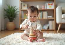 Signes autisme bébé : reconnaître symptômes et conseils pour parents ! Bébé fille jouant avec un jouet en bois dans un salon moderne