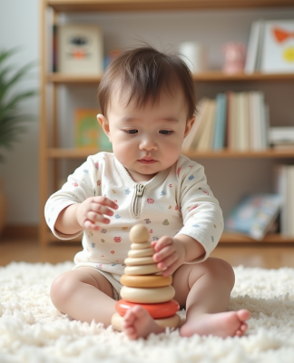 Bébé fille jouant avec un jouet en bois dans un salon moderne