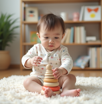 Signes autisme bébé : reconnaître symptômes et conseils pour parents ! Bébé fille jouant avec un jouet en bois dans un salon moderne