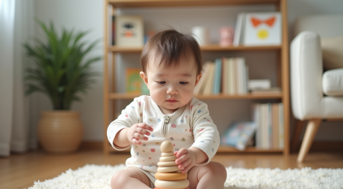 Bébé fille jouant avec un jouet en bois dans un salon moderne
