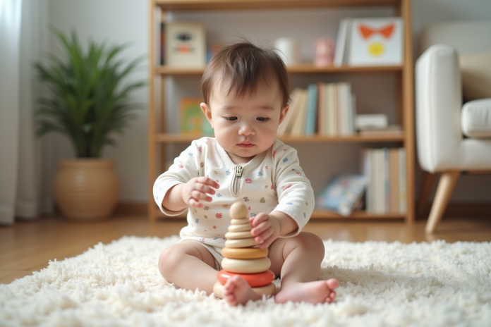 Bébé fille jouant avec un jouet en bois dans un salon moderne