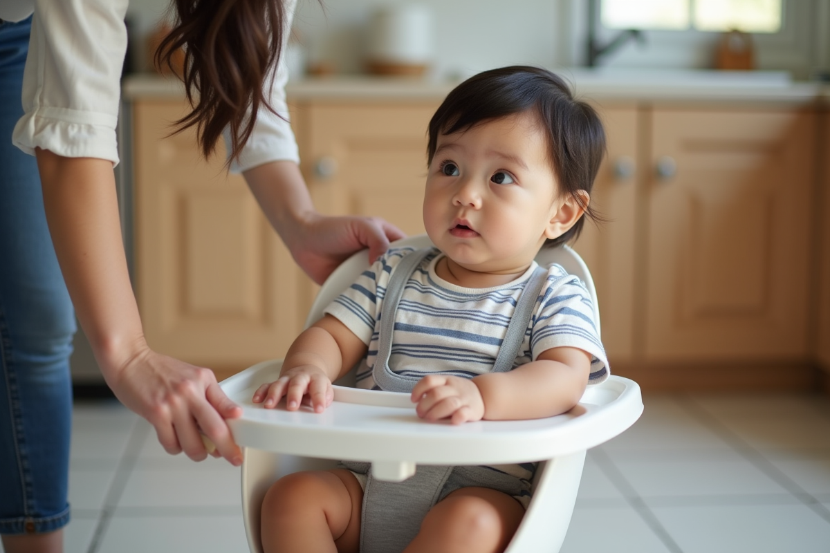 Bébé garçon de neuf mois dans un transat en coton à côté de sa mère
