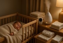 Photo hyperrealiste d'une nurserie chaleureuse et apaisante avec un bébé dormant