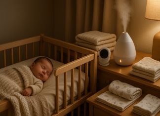 Les indispensables à avoir pour un hiver serein avec un nouveau-né Photo hyperrealiste d'une nurserie chaleureuse et apaisante avec un bébé dormant