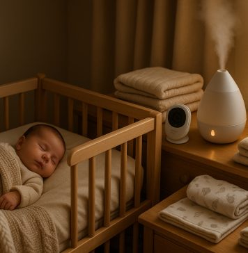 Photo hyperrealiste d'une nurserie chaleureuse et apaisante avec un bébé dormant