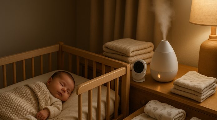 Photo hyperrealiste d'une nurserie chaleureuse et apaisante avec un bébé dormant