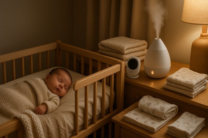 berceau-bebe-hyperrealiste Photo hyperrealiste d'une nurserie chaleureuse et apaisante avec un bébé dormant