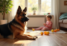 Chien berger allemand à poil long dans un salon lumineux avec jouets