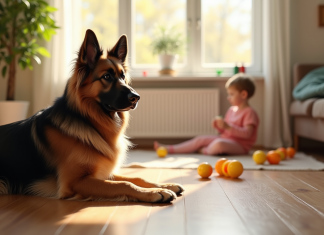 Comment prendre soin de votre berger allemand à poil long dans une maison animée ? Chien berger allemand à poil long dans un salon lumineux avec jouets