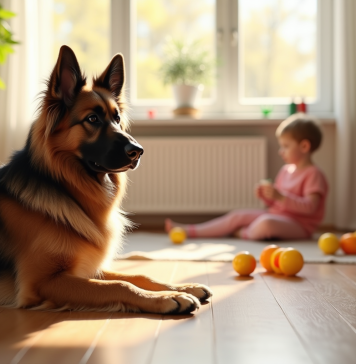 Chien berger allemand à poil long dans un salon lumineux avec jouets