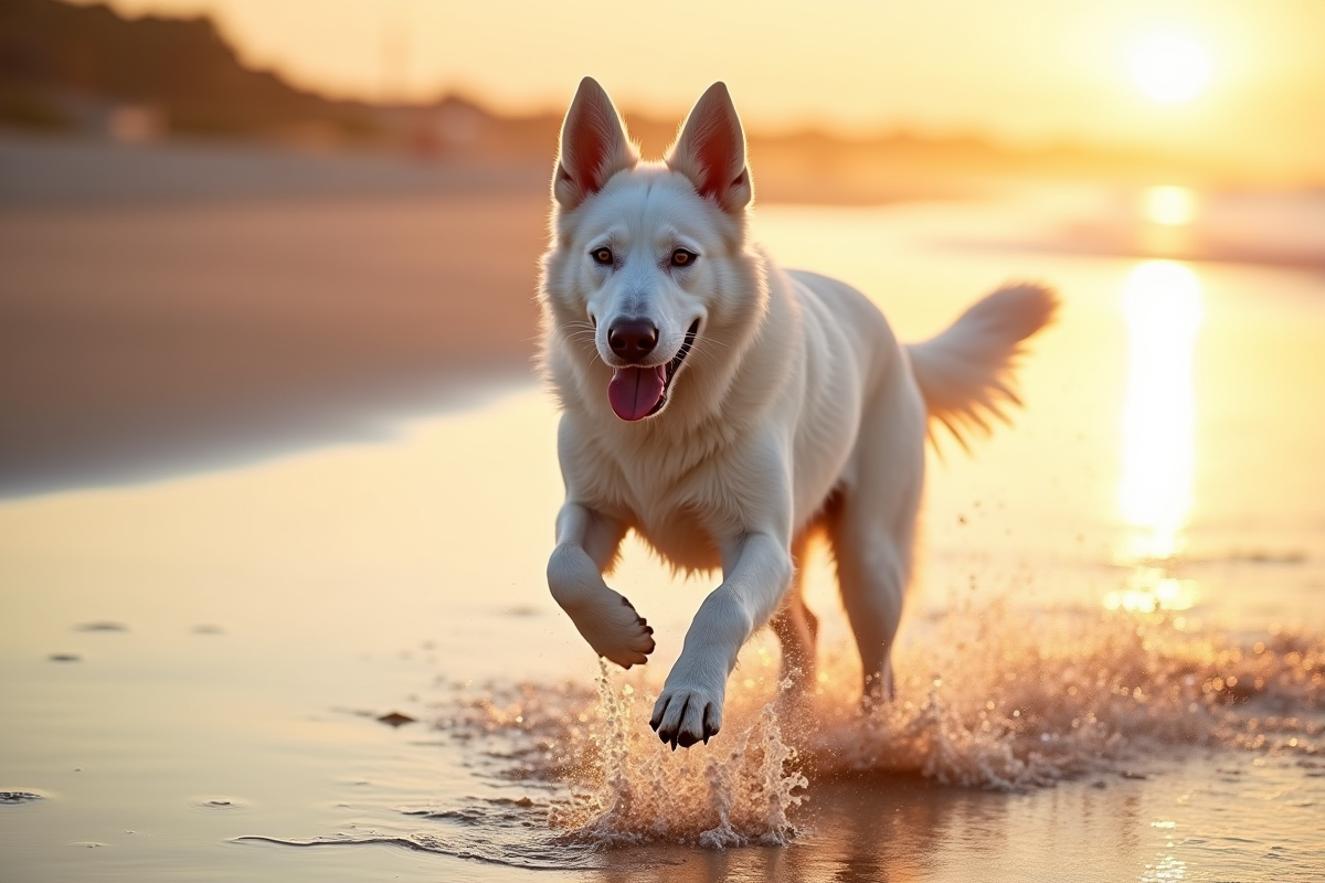 Chien berger blanc belge courant sur la plage au lever du soleil