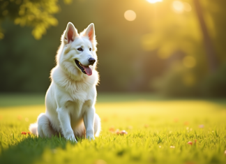 Chien berger blanc belge assis dans un champ ensoleille