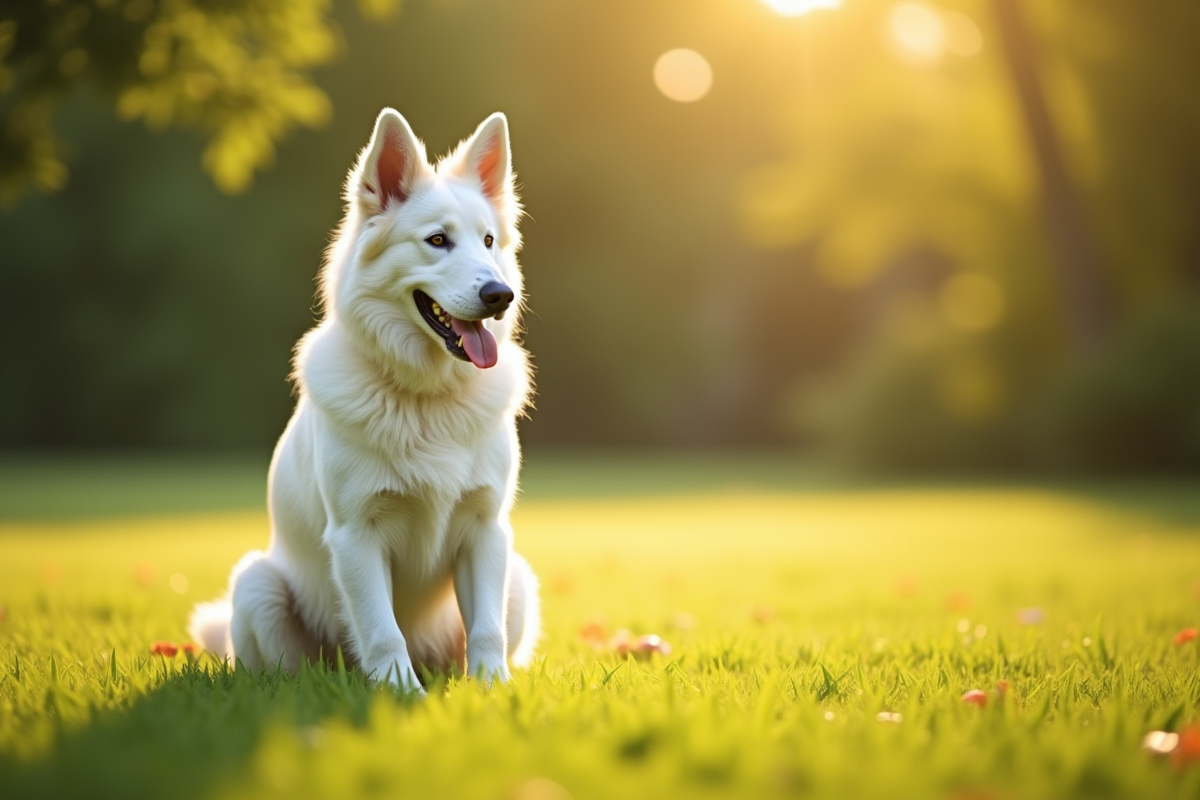 Chien berger blanc belge assis dans un champ ensoleille