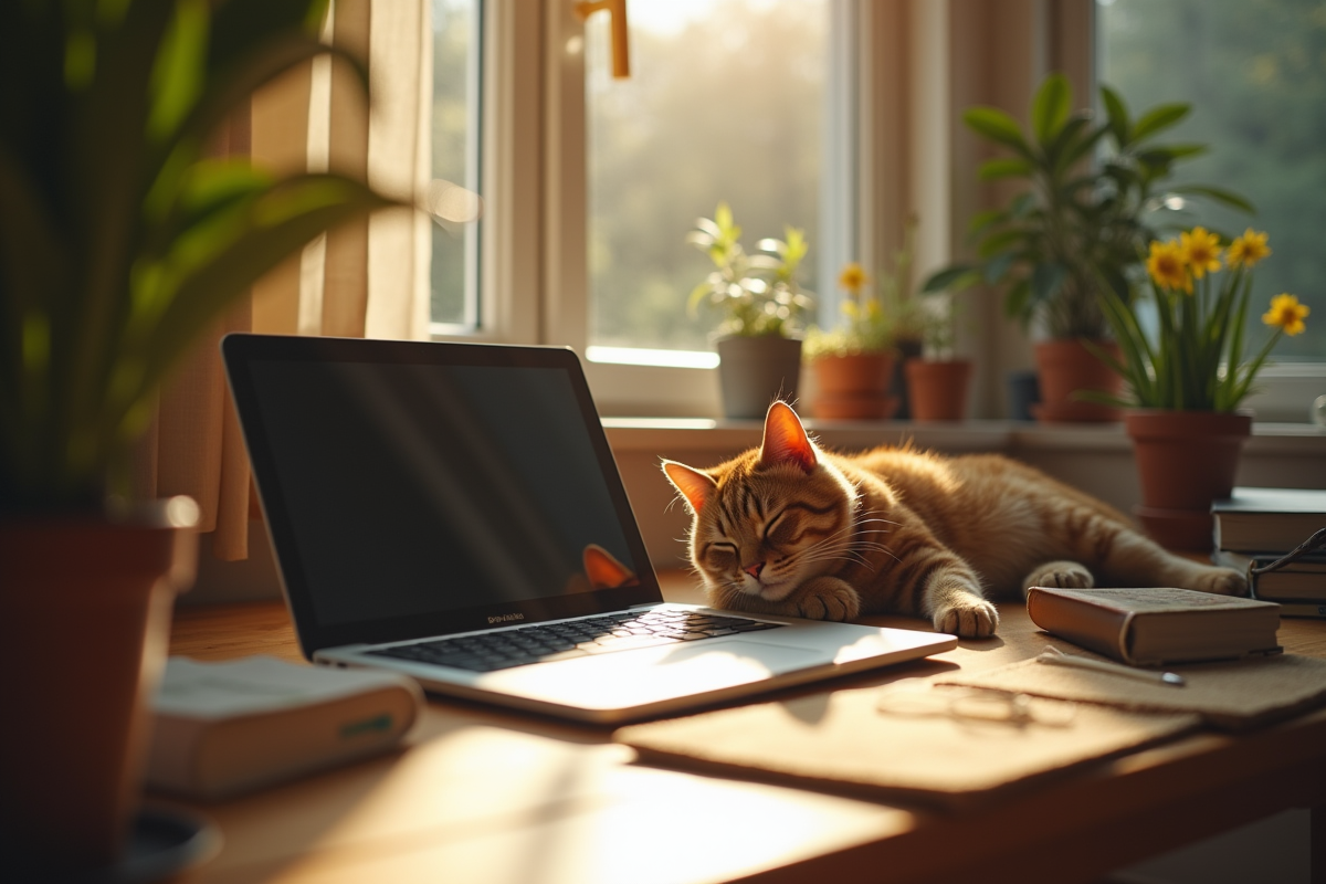 Bureau cosy avec un chat dormant près d’un ordinateur