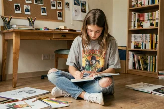 Adolescente créative dessinant dans sa chambre entourée de matériel artistique, idée cadeau pour ado passionné d'art