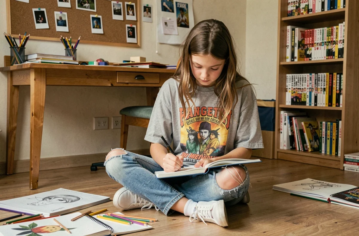 Adolescente créative dessinant dans sa chambre entourée de matériel artistique, idée cadeau pour ado passionné d'art