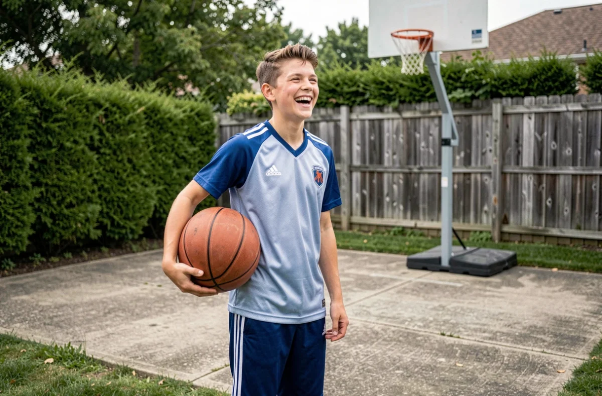 Adolescent sportif tenant un ballon de basket dans un jardin, idée cadeau pour ado passionné de sport
