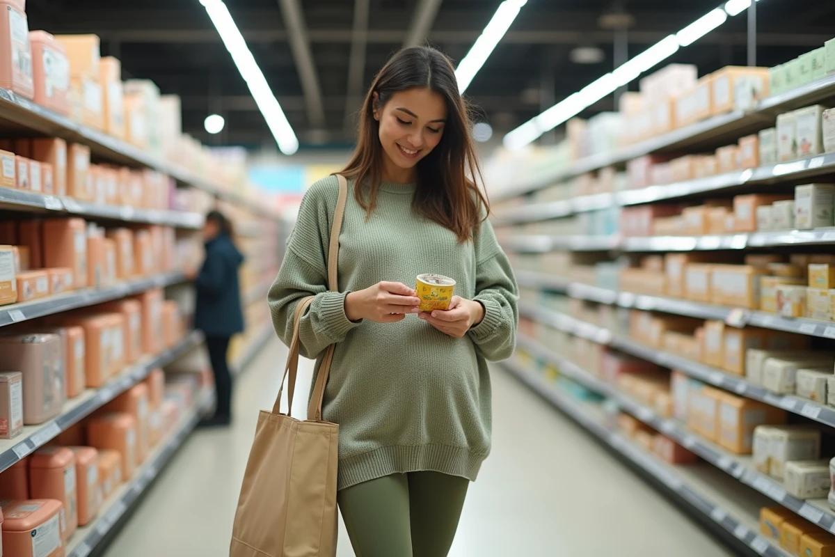 Future maman collecte des échantillons gratuits grossesse dans le rayon bébé d'un magasin