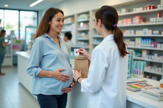 Femme enceinte reçoit un cadeau gratuit grossesse en pharmacie des mains d'une pharmacienne
